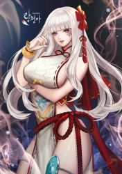 Rule 34 | 10s, 1girl, arm across waist, bare shoulders, blade &amp; soul, blunt bangs, breast hold, breasts, china dress, chinese clothes, dress, eyelashes, hair ornament, halter dress, halterneck, highres, huge breasts, lips, long hair, looking at viewer, no bra, no panties, parted lips, pelvic curtain, purple eyes, ravaniz, rope, shimenawa, sideboob, snowflakes, solo, thigh strap, white hair