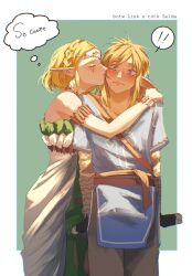 Rule 34 | !, !!, 1boy, 1girl, ancient set (zelda), bare shoulders, belt, blonde hair, border, braid, character name, closed eyes, crown braid, dress, embarrassed, english text, fingerless gloves, gloves, green background, hashtag-only commentary, highres, hug, kiss, link, merianaka, nintendo, outside border, pointy ears, princess zelda, simple background, sleeveless, sleeveless dress, speech bubble, spoken exclamation mark, the legend of zelda, the legend of zelda: breath of the wild, the legend of zelda: tears of the kingdom, white border