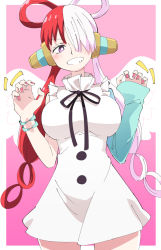 Rule 34 | 1girl, angel wings, aqua sleeves, blush, breasts, bright pupils, claw pose, clenched teeth, commentary request, dress, fingernails, grin, hair over one eye, ixy, large breasts, long hair, looking at viewer, multicolored hair, nail polish, one piece, one piece film: red, pink background, pink nails, purple eyes, red hair, simple background, single sleeve, smile, solo, standing, teeth, two-tone background, two-tone hair, uta (one piece), very long hair, white background, white dress, white hair, white pupils, wide hips, wings