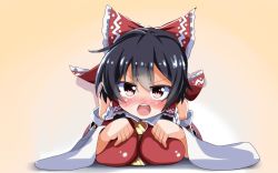 Rule 34 | 1girl, bare shoulders, black hair, blush, bow, breast press, breasts, detached sleeves, hair bow, hair tubes, hakurei reimu, large breasts, lying, on stomach, open mouth, raised eyebrow, red eyes, solo, takimoto yukari, touhou