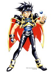 Rule 34 | 1990s (style), 1boy, black hair, blue eyes, boots, bridal gauntlets, cape, chip-chan kick!, company name, copyright notice, full body, grin, highres, male focus, non-web source, official art, orb, pointy ears, retro artstyle, short hair, short sleeves, simple background, smile, solo, standing, sylvester marciano (chip-chan kick!), white background, yanagi hirohiko