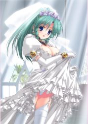 Rule 34 | 1girl, absurdres, blue eyes, breasts, bridal veil, cleavage, clothes lift, dress, dress lift, drill hair, earrings, elbow gloves, flower, garter straps, gloves, green hair, hair flower, hair ornament, highres, jewelry, kimizuka aoi, panties, rose, scan, solo, thighhighs, underwear, veil, wedding dress, white dress, white flower, white gloves, white panties, white rose, white thighhighs
