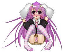 Rule 34 | 1girl, blush, feet, loki 78, long hair, looking at viewer, panties, reisen udongein inaba, simple background, solo, striped clothes, striped panties, striped thighhighs, thighhighs, touhou, underwear