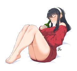 1girl alcohol artist_name black_hair blush bottle closed_eyes closed_mouth dress drunk hairband holding holding_bottle jk_arts knees_up red_sweater simple_background solo spy_x_family sweater sweater_dress twitter_username white_background white_hairband yor_briar