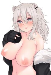 Rule 34 | 1girl, ahoge, animal ears, black jacket, blush, breasts, collarbone, earrings, fur-trimmed jacket, fur trim, grey eyes, grey hair, hair between eyes, highres, hololive, ishiusu, jacket, jewelry, large breasts, lion ears, lion girl, long sleeves, looking at viewer, naked jacket, navel, nipples, off shoulder, open clothes, open jacket, open mouth, shishiro botan, simple background, solo, virtual youtuber, white background