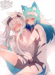 Rule 34 | 1boy, 1girl, :3, = =, ahoge, animal ear fluff, animal ears, black hairband, blue bow, blue hair, blush, bow, cat tail, closed eyes, commentary, couple, frilled hairband, frills, glasses, hair bow, hairband, highres, holding hands, hug, hug from behind, indie virtual youtuber, jewelry, kana616, kana (kana616), light blue hair, long hair, lying, merry christmas, off-shoulder shirt, off shoulder, original, pink-framed eyewear, ring, second-party source, shirt, short shorts, shorts, spanish commentary, spanish text, striped clothes, striped shirt, tail, translated, twintails, vertical-striped clothes, vertical-striped shirt, virtual youtuber, wedding ring, white background, white hair, white shirt, yumi koburako