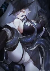 Rule 34 | 1girl, absurdres, arknights, ascot, black gloves, black hat, black shirt, breasts, covered erect nipples, gladiia (arknights), gloves, grey hair, hair over one eye, hat, highres, large breasts, looking at viewer, pantyhose, pointy ears, red eyes, sadiwosan, shirt, sideboob, sleeveless, sleeveless shirt, solo, spread legs, tentacles, white ascot, white pantyhose