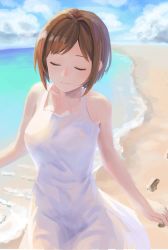 Rule 34 | 1girl, bare shoulders, beach, blue sky, breasts, brown hair, closed mouth, cloud, collarbone, commentary request, day, dress, closed eyes, footprints, highres, idolmaster, idolmaster cinderella girls, kurageso, large breasts, maekawa miku, ocean, outdoors, sand, short hair, sky, sleeveless, sleeveless dress, smile, solo, standing, sundress, white dress