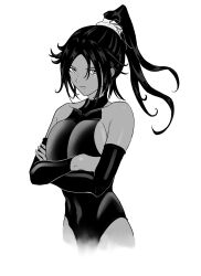 1girl artist_request bare_shoulders black_hair black_leotard bleach bleach:_sennen_kessen-hen breasts collarbone crossed_arms elbow_gloves female_focus gloves highres large_breasts leotard looking_at_viewer monochrome parted_bangs ponytail shihouin_yoruichi sideboob simple_background thighs white_background