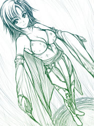 Rule 34 | 1990s (style), 1girl, armpits, bare shoulders, blush, boots, breasts, bridal gauntlets, cleavage, detached sleeves, dutch angle, female focus, final fantasy, final fantasy iv, gloves, large breasts, monochrome, aged up, rydia (ff4), short hair, sketch, skirt, smile, solo, standing, thigh boots, thigh gap, thighhighs, thighs, uni8