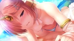 Rule 34 | 1boy, 1girl, bikini, bikini bottom aside, blue eyes, blush, breasts, choker, clothing aside, cowgirl position, deep penetration, detached sleeves, fate/grand order, fate (series), frankenstein&#039;s monster (fate), frankenstein&#039;s monster (swimsuit saber) (fate), frankenstein&#039;s monster (swimsuit saber) (second ascension) (fate), girl on top, hair ornament, hairclip, headgear, hetero, horns, looking at viewer, nipples, ocean, open mouth, outdoors, pink hair, ribbon choker, sex, short hair, single detached sleeve, single horn, small breasts, splush wave, squatting, straddling, summer, sweat, swimsuit, vaginal, wavy mouth, white bikini, white neckwear, white sleeves