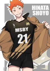 Rule 34 | 1boy, absurdres, character name, grey background, grin, haikyuu!!, highres, hinata shouyou, jacket, male focus, mix (wkupmix), numbers&#039; uniform, open clothes, open jacket, orange eyes, orange hair, short hair, simple background, smile, solo, sportswear, standing, twitter username, volleyball uniform