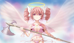 Rule 34 | 1girl, absurdres, angel, angel wings, axe, bikini, blush, breasts, closed mouth, collarbone, cross, cross necklace, drill hair, hair ornament, hair ribbon, halo, highres, jashin-chan dropkick, jewelry, large breasts, ljcc100861, looking at viewer, navel, necklace, pink bikini, pink eyes, pink hair, pino (jashin-chan dropkick), ribbon, short hair, smile, solo, swimsuit, twin drills, weapon, wings