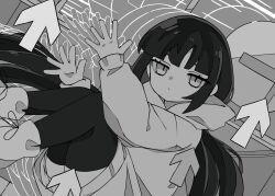 Rule 34 | 1girl, absurdres, arrow (symbol), bags under eyes, black hair, black thighhighs, blunt bangs, boots, closed mouth, commentary, english commentary, expressionless, grey background, grey footwear, grey hoodie, highres, hood, hood down, hoodie, inabakumori, lag train (vocaloid), long hair, looking at viewer, low twintails, melonbread, monochrome, osage (nukunuku nigirimeshi), recurring image, sidelocks, solo, thighhighs, twintails, very long hair