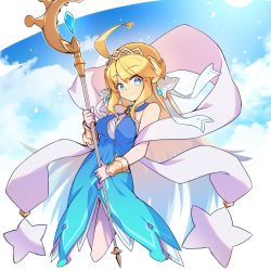 Rule 34 | 1girl, ahoge, bare shoulders, blonde hair, blue eyes, breasts, brooch, cleavage cutout, closed mouth, clothing cutout, dragalia lost, gom gom666, highres, holding, holding staff, jewelry, large breasts, long hair, looking at viewer, sky, staff, tiara, very long hair, zethia