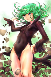 Rule 34 | 1girl, black dress, breasts, cameltoe, cleft of venus, closed mouth, covered navel, curly hair, debris, dress, gekkou (geccomajin), green background, green eyes, green hair, highres, long sleeves, looking up, matching hair/eyes, one-punch man, short hair, side slit, skin tight, small breasts, solo, tatsumaki, two-tone background, white background