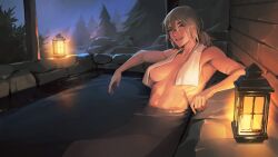 Rule 34 | 1girl, absurdres, bath, breasts, character request, copyright request, forest, grey hair, highres, lamp, large breasts, leaning back, limart, nature, night, nude, ponytail, scar, scar on face, smile, solo, towel, towel around neck