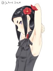 Rule 34 | 10s, 1girl, absurdres, armpits, black hair, blue eyes, blush, flower, hair flower, hair ornament, highres, princess principal, simple background, solo, toudou chise, white background