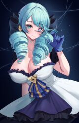 Rule 34 | 1girl, absurdres, alternate breast size, bare shoulders, black bow, black pantyhose, blush, bow, breasts, collarbone, cowboy shot, dress, drill hair, frilled dress, frills, gloves, gradient background, green eyes, green hair, gwen (league of legends), hair bow, hand up, highres, holding, holding scissors, kaho oco, large breasts, league of legends, leaning forward, long hair, looking at viewer, pantyhose, purple gloves, scissors, smile, solo, twin drills, twintails