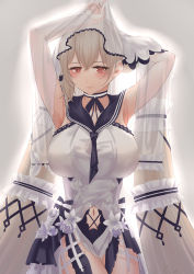 Rule 34 | 1girl, absurdly long hair, absurdres, armpits, arms behind head, azur lane, black choker, black neckwear, black sailor collar, bow, dress bow, breasts, choker, clothing cutout, dress, dress bow, dress flower, feather dress, flower, formidable (azur lane), formidable (timeless classics) (azur lane), grey background, hair ornament, highres, ichikushi mojibake, large breasts, long hair, looking at viewer, navel cutout, official alternate costume, platinum blonde hair, red eyes, sailor collar, silver hair, simple background, solo, twintails, two-tone dress, two-tone ribbon, veil, very long hair, white dress, white flower