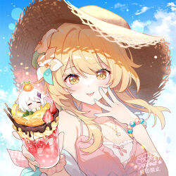 Rule 34 | 2girls, :p, bare shoulders, blonde hair, blue nails, blue sky, blush, bracelet, breasts, cup, day, dress, flower, food, frills, genshin impact, gou lianlian dogface, hair between eyes, hair flower, hair ornament, hat, holding, holding cup, ice cream, jewelry, looking at viewer, lumine (genshin impact), medium breasts, multiple girls, necklace, outdoors, paimon (genshin impact), parfait, scrunchie, short hair with long locks, sidelocks, sky, sleeveless, sleeveless dress, straw hat, sun hat, tongue, tongue out, watermark, white flower, wrist scrunchie, yellow eyes