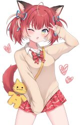 Rule 34 | 1girl, ;d, akami karubi, animal bag, animal ears, bag, blue eyes, bow, bowtie, brown sweater, cat bag, cat ears, cat girl, cat tail, clothes tug, fang, highres, indie virtual youtuber, light brown hair, long sleeves, looking at viewer, minami (minami summer), miniskirt, multicolored hair, one eye closed, open mouth, pleated skirt, red hair, red skirt, short twintails, shoulder bag, skirt, smile, sweater, sweater tug, tail, twintails, two-tone eyes, two-tone hair, v, virtual youtuber, yellow bag, yellow eyes
