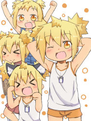 Rule 34 | &gt; &lt;, 1girl, :d, > <, animal ears, arms behind head, arms up, blonde hair, blush, cat ears, chibi, dog tags, closed eyes, fang, jewelry, mashigura, multiple persona, multiple views, necklace, one eye closed, open mouth, overalls, paw pose, school uniform, shakunetsu no takkyuu musume, short twintails, shorts, smile, tank top, tenka hanabi, twintails, xd, yellow eyes, aged down