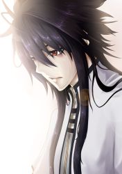 Rule 34 | 00s, 1boy, black hair, gradient background, highres, long hair, male focus, monochrome factor, red eyes, ryuko (monochrome factor), solo, upper body, white background