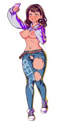 Rule 34 | 1girl, :o, belt, blue pants, breasts, cellphone, cleft of venus, clothes writing, crop top, denim, dokata (hamanan doboku kougyou), earrings, full body, half-closed eyes, heart, heart earrings, holding, holding phone, jeans, jewelry, lips, lipstick, looking at phone, makeup, medium hair, navel piercing, nipples, open fly, original, pants, phone, piercing, pixel art, puckered lips, puffy nipples, purple eyes, pussy, revealing clothes, selfie, shoes, simple background, smartphone, solo, star (symbol), torn clothes, torn jeans, torn pants, unfastened, v, v over mouth, white background, white nails