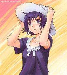 Rule 34 | 1girl, :d, armpit peek, arms up, black hair, black shirt, collarbone, hat, holding, holding clothes, holding hat, mattaku mousuke, open mouth, original, puffy short sleeves, puffy sleeves, purple eyes, shirt, short hair, short sleeves, simple background, smile, solo, sun hat, yellow background
