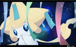 Rule 34 | blue eyes, constellation, creatures (company), facial mark, game freak, gen 3 pokemon, i-m-a, jirachi, legendary pokemon, letterboxed, mythical pokemon, night, nintendo, no humans, own hands together, pokemon, pokemon (creature), sky, smile, solo, sparkling eyes, star (sky), starry sky, tanzaku, twitter username