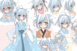Rule 34 | :3, :d, androgynous, animal ears, bad id, bad pixiv id, blue eyes, blue hair, character sheet, crying, ears down, fox ears, fox tail, gender request, japanese clothes, kimono, open mouth, original, polka dot, polka dot background, rabbit, sash, serious, short hair, simple background, smile, tail, tears, ye xian