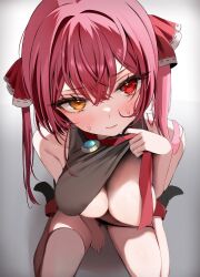 Rule 34 | 1girl, blush, breasts, closed mouth, crossed bangs, double-parted bangs, embarrassed, from above, gradient background, hair between eyes, hair ribbon, heterochromia, highres, hololive, houshou marine, houshou marine (1st costume), large breasts, lifting own clothes, long hair, looking at viewer, namagome negi, orange eyes, red eyes, red hair, red ribbon, ribbon, simple background, sitting, solo, sweat, twintails, virtual youtuber, wariza, white background