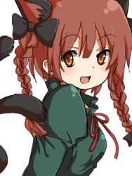 Rule 34 | 1girl, animal ears, bow, braid, cat ears, cat girl, cat tail, fang, female focus, hair bow, kaenbyou rin, lowres, multiple tails, red eyes, red hair, satoimoya, solo, tail, touhou, twin braids, twintails, upper body