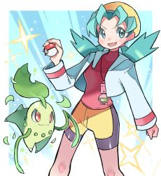 Rule 34 | 1girl, bike shorts, chikorita, commentary request, creatures (company), cropped jacket, eyelashes, game freak, gen 2 pokemon, green eyes, green hair, hair tie, hand up, hat, highres, holding, holding poke ball, hyou (hyouga617), knees, kris (pokemon), long hair, long sleeves, looking to the side, nintendo, open mouth, poke ball, poke ball (basic), pokemon, pokemon (creature), pokemon gsc, red shirt, shirt, smile, sparkle, teeth, tongue, twintails, yellow headwear