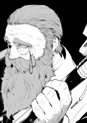 Rule 34 | 1boy, beard, black background, commentary request, denken (sousou no frieren), facial hair, from above, greyscale, hair pulled back, highres, holding, holding staff, long beard, looking to the side, mage staff, monochrome, monocle, old, old man, robe, solo, sousou no frieren, staff, thick beard, wrinkled skin, yanai nobuhiko