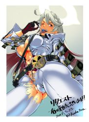 Rule 34 | 1girl, ahoge, arc system works, bdsm, belt, belt buckle, black belt, black gloves, bodysuit, bondage, bound, breasts, buckle, candy, center opening, cleavage, colored inner hair, commentary request, spiked halo, crotch rope, fang, food, from below, gloves, grey hair, guilty gear, guilty gear xrd, halo, highres, jack-o&#039; valentine, koda1ra, large breasts, lollipop, long hair, loose belt, multicolored hair, naughty face, navel, nipple slip, nipples, no bra, no panties, pussy, pussy juice, pussy peek, red eyes, red hair, solo, sweat, teeth, thick thighs, thighs, tongue, tongue out, torn bodysuit, torn clothes, two-tone hair, upper teeth only, white bodysuit