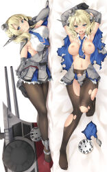 Rule 34 | 1girl, anchor, armpits, arms up, bare shoulders, bed sheet, black gloves, blonde hair, blue eyes, blue necktie, blush, braid, breasts, brown pantyhose, capelet, clock, collarbone, colorado (kancolle), dakimakura (medium), dress, elbow gloves, from above, full body, garrison cap, gloves, grey dress, grey headwear, hat, headgear, high heels, highres, kantai collection, kochipu, large breasts, looking at viewer, lying, navel, necktie, nipples, on back, on side, open mouth, pantyhose, parted lips, photoshop (medium), rigging, short hair, side braids, sideboob, sleeveless, tearing up, topless, torn clothes, torn pantyhose, turret, white background