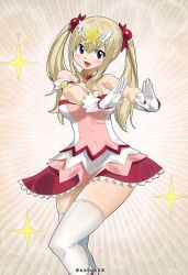 Rule 34 | 1girl, blonde hair, blue eyes, breasts, cleavage, colorized, eden&#039;s zero, gaston18, highres, large breasts, mashima hiro, rebecca bluegarden, solo, standing, tagme, thighhighs, twintails, white thighhighs