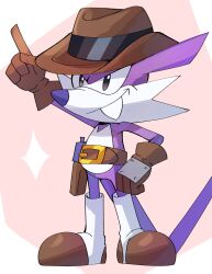 Rule 34 | 1boy, belt, brown belt, brown footwear, brown gloves, brown hat, fang, fang the sniper, fedora, furry, furry male, gloves, hand on own hip, hat, highres, holster, plus2sf, pointing, solo, sonic (series), two-tone footwear, white footwear
