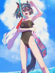 Rule 34 | 1girl, :d, alternate costume, animal ears, aona (gummy um), bag, bare shoulders, black one-piece swimsuit, blush, breasts, from below, goggles, goggles on head, hair between eyes, horse ears, horse girl, horse tail, katsuragi ace (umamusume), medium breasts, one-piece swimsuit, open mouth, smile, snorkel, solo, swimsuit, tail, transparent bag, umamusume