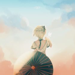 Rule 34 | 1girl, absurdres, back, bug, butterfly, butterfly on hand, button (pixiv10300358), chinese clothes, cloud, cloudy sky, hair ornament, highres, holding, holding umbrella, bug, oil-paper umbrella, short hair, short sleeves, sky, solo, standing, umbrella, vocaloid, vsinger, white hair, yanhe