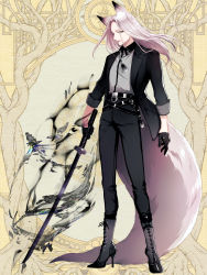 Rule 34 | 1boy, animal ears, belt, black footwear, black gloves, black jacket, black pants, boots, cross-laced footwear, dairoku ryouhei, fox ears, fox tail, full body, gloves, grey shirt, high heel boots, high heels, holding, holding sword, holding weapon, jacket, lace-up boots, long hair, male focus, morino bambi, pants, shirt, simple background, standing, sword, tail, weapon, yellow background