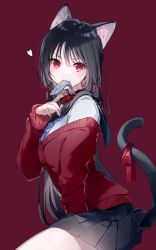 Rule 34 | 1girl, animal ear fluff, animal ears, black hair, black sailor collar, black skirt, blush, cardigan, cat day, cat ears, cat girl, cat tail, collar, commentary request, fang, fish, from side, hair ribbon, heart, highres, long hair, long sleeves, looking at viewer, looking to the side, miniskirt, miwano rag, mole, mole under eye, mouth hold, off shoulder, original, pleated skirt, purple background, purple cardigan, red eyes, red ribbon, ribbon, sailor collar, school uniform, serafuku, shirt, signature, simple background, sitting, skin fang, skirt, sleeves past wrists, solo, straight hair, tail, tail ornament, tail ribbon, v-shaped eyebrows, very long hair, white shirt