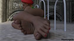 Rule 34 | 1girl, 3d, 3d background, ahoge, antenna hair, ass, bare shoulders, blonde hair, cammy white, colored skin, crossed legs, feet, foot focus, gloves, legs, lying on ground, misshyuga3d, nail polish, realistic, solo, street fighter, street fighter v, toenails