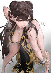 Rule 34 | 1girl, absurdres, artist name, bare shoulders, bracelet, breasts, brown eyes, brown hair, capcom, china dress, chinese clothes, chun-li, cleavage, collarbone, commentary, dress, gradient background, highres, jewelry, juaag acgy, leaning forward, long hair, open mouth, pelvic curtain, shiny skin, signature, simple background, sleeveless, spiked bracelet, spikes, street fighter, street fighter v, sweat, sweatdrop, teeth, upper teeth only