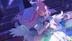 Rule 34 | 1girl, angel wings, blue archive, blush, capelet, closed eyes, crescent, crescent pin, dress, feathered wings, hair bun, halo, highres, indoors, long hair, mika (blue archive), parted lips, pink hair, pink halo, sakatsuki yakumo, single side bun, solo, white capelet, white dress, white wings, wings