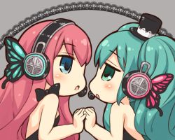 Rule 34 | 2girls, aqua eyes, aqua hair, black dress, bow, butterfly hair ornament, butterfly wings, dress, grey background, hair ornament, hat, hatsune miku, headphones, insect wings, long hair, looking at another, magnet (vocaloid), megurine luka, mizuno mumomo, multiple girls, open mouth, pink hair, top hat, twintails, vocaloid, wings, yuri