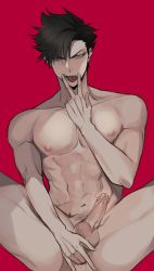 Rule 34 | 1boy, abs, anal fingering, black hair, completely nude, cum, erection, fingering, haikyuu!!, highres, kuroo tetsurou, looking at viewer, male focus, nipples, nude, pectorals, penis, red background, short hair, solo, soojaeng, testicles, tongue, tongue out, v