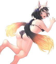 Rule 34 | 1girl, animal ears, ass, back, bad leg, bad perspective, bad proportions, bare shoulders, bikini, black bikini, blush, breasts, brown hair, fate/grand order, fate (series), fox ears, hairband, highres, large breasts, long hair, looking at viewer, looking back, low twintails, open mouth, osakabehime (fate), osakabehime (foxy lady) (fate), otsukemono, purple eyes, solo, swimsuit, tears, thighs, twintails, very long hair
